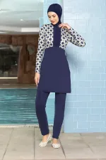 Kadın Tesettür Lacivert Krem Desenli Uzun Kollu  Tam Kapalı Pantolonlu Elbise Mayo HZL24S-AR1271-180