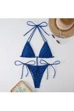 Kadın Saks Mavisi  İp Bağlamalı Aksesuarlı Astarlı Yüksek Bel Üçgen Bikini Takım HZL24S-LC2229