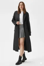 Trench-coat croisé noir doublé et ceinturé pour femme, modèle saisonnier HZL25W-BD159411