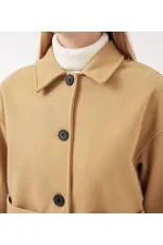 Kadın Camel Düğmeli Cepli Kısa Kaşe Ceket HZL25W-BD107131