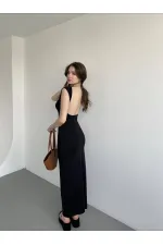 Kadın Siyah Sırt Dekolteli Yumuşak Dokulu Elbise HZL25S-ZK13321