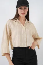 Kadın Çizgili Oversize Kısa Gömlek 20326 - Bej