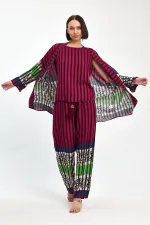 Kadın Mürdüm Çizgili Atlet Kimono Ve Pantolon Dokuma Viscon Alt Üst Takım HZL25S-VM110421