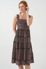 Robe midi à bretelles à motifs pour femme 2577 - Noire