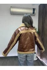 Women's Camel Faux Leather Jacket with Fur Lining and Button Closure HZL23W-BRC129331 Women's Camel Faux Leather Jacket with Fur Lining and Button Closure HZL23W-BRC129331