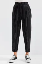 6637 High-Waisted Striped Fabric Trousers - Black