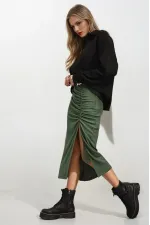 Kadın Zümrüt Yeşili Beli Lastikli Yırtmaçlı Uzun Etek HZL22S-BD118801