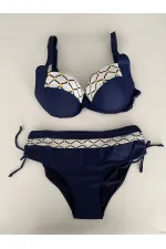 Kadın Lacivert Beyaz Etnik Desenli Bikini Takım HZL25S-LC2220