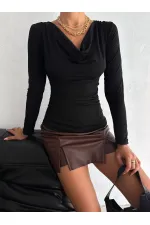 Kadın Siyah Degaje Yaka Yandan Büzgülü Uzun Kol Sandy Bluz HZL24W-FRY122481