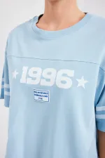 4322 Printed Oversize Basic T-Shirt - Blue