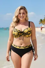 Kadın Sarı Siyah Desenli Taş İşlemeli Toparlayıcı Bikini Takım HZL25S-LC3333