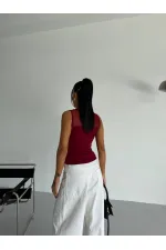 Kadın Bordo Kolsuz Likralı Tül Detay Sandy Bluz HZL26W-FRY123721