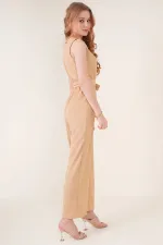 Kadın Krem Beli Lastikli Derin Kruvaze V Yaka Kemerli Örme Tulum HZL22S-BD170211