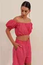 Kadın Koyu Pembe Carmen Yaka Bel Büzgülü Fistolu Straplez Bluz HZL23S-BD104811