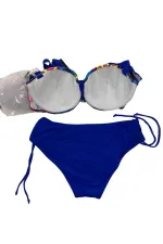 Kadın Saks Mavi Renk Desenli Toka Detaylı  Astarlı Bikini Takım HZL25S-LC3322