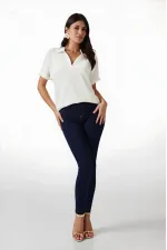 Kadın Ekru Polo Yaka Geniş Kesim Örme Bluz HZL24S-BD104861