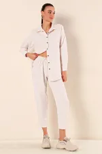 Kadın Krem Keten Gömlek Pantolon  Alt-Üst İkili Takım HZL23W-BD166221