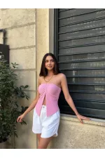 Kadın Pembe Boyundan Bağlamalı Staplez Bluz HZL25S-ZK13581