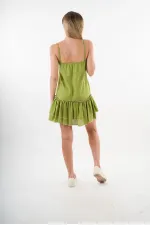 Kadın Fıstık Yeşil V Yaka İp Askılı Eteği Pileli Güpür Detaylı Elbise HZL24S-YY244