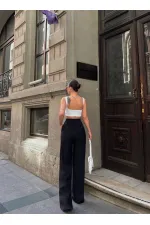 Kadın Siyah Yüksel Bel Lastikli Beli Bağlamalı Cepli Geniş Paça Pantolon HZL24S-VL191151