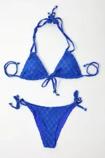 Kadın Saks Mavisi  İp Bağlamalı Aksesuarlı Astarlı Yüksek Bel Üçgen Bikini Takım HZL24S-LC2229