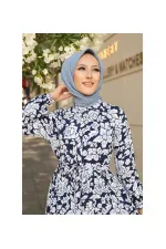Kadın Lacivert Desenli Hakim Yaka Yazlık Uzun Elbise HZL25W-BD122971