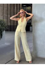 Kadın Sarı Çizgili Önü Fermuarlı Bluz Pantolon İkili Takım HZL25S-ZK13691
