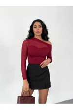 Kadın Bordo Tül Garnili Uzun Kol Şık Rahat Bluz HZL25W-FRY123541