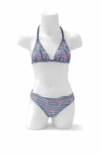 Kız Çocuk Lacivert Beyaz Çizgili Flamingo Desenli  4-12 Yaş Üçgen Bikini Takım HZL24S-LC171