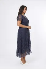 Kadın Lacivert Büyük Beden V Yaka Astarlı Dantel Detaylı Şık Abiye Elbise HZL26S-PR11071