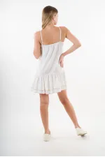 Kadın Beyaz V Yaka İp Askılı Eteği Pileli Güpür Detaylı Elbise HZL24S-YY244