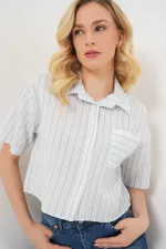 Kadın Çizgili Crop Gömlek 20342 - Açık Mavi
