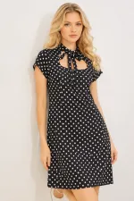 Women's Black Short Polka Dot Dress with Bow Detail HZL26S-BD126051 Women's Black Short Polka Dot Dress with Bow Detail HZL26S-BD126051