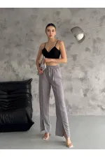 Kadın Gri Lastikli Bel Yırtmaç Detaylı Cepsiz İthal Keten Astarsız Pantolon HZL24S-FRY121941