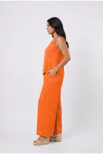 Women's Orange Linen Textured Relaxed Fit Top and Bottom Set HZL26S-VL15141 Women's Orange Linen Textured Relaxed Fit Top and Bottom Set HZL26S-VL15141