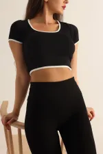 Kadın Siyah Beyaz Biyeli Kısa Kol Likralı SendyCrop Bluz HZL24S-SND190901