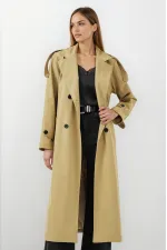 Kadın Yağ Yeşili  Kruvaze Yaka Astarlı Kemerli Mevsimlik Trençkot HZL25W-BD159411