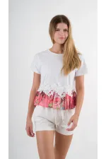 Kadın Beyaz Dantel Çiçek Desenli Bisiklet Yaka Bluz HZL24S-YY256