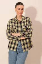 Kadın Yeşil Siyah Metal Düğmeli Ekose Desen Kaşe Oduncu Gömlek HZL24W-BD139541