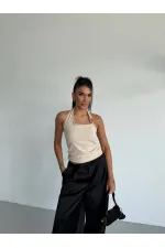 Kadın Bej Ottoman Kumaş Halter Yaka Toka Detay Bluz HZL26W-FRY123321