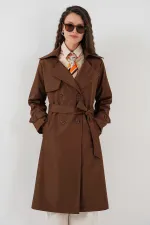 Women's Brown Double-Breasted Belted Lined Trench Coat HZL25W-BD159181