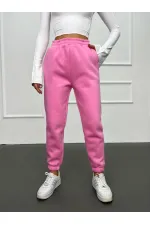 Pantalon de survêtement rose à poches et taille élastique pour femme, taille haute à 3 fils, HZL24W-ZK12321