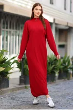 Robe longue en maille côtelée rouge à col zippé pour femme HZL24W-BD1102271
