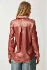 Kadın Tarçın Hafif Dökümlü Saten Yüzeyli Gömlek HZL22W-BD139641