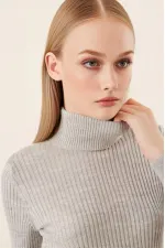 Pull col roulé côtelé gris pour femme HZL22W-BD1445001