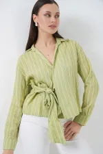 Women's Front Tie Striped Shirt 20362 - Dark Green