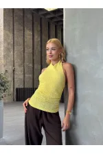 Kadın Sarı Boyundan Bağlamalı Gofre Kumaş Bluz HZL25S-ZK13631