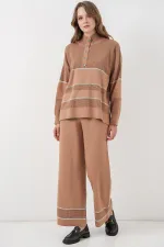 Ensemble deux pièces rayé oversize en maille pour femme 15957 - Camel