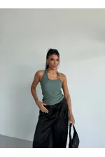 Kadın Yeşil Ottoman Kumaş Halter Yaka Toka Detay Bluz HZL26W-FRY123321