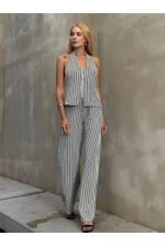 Kadın Siyah Çizgili Önü Fermuarlı Bluz Pantolon İkili Takım HZL25S-ZK13691